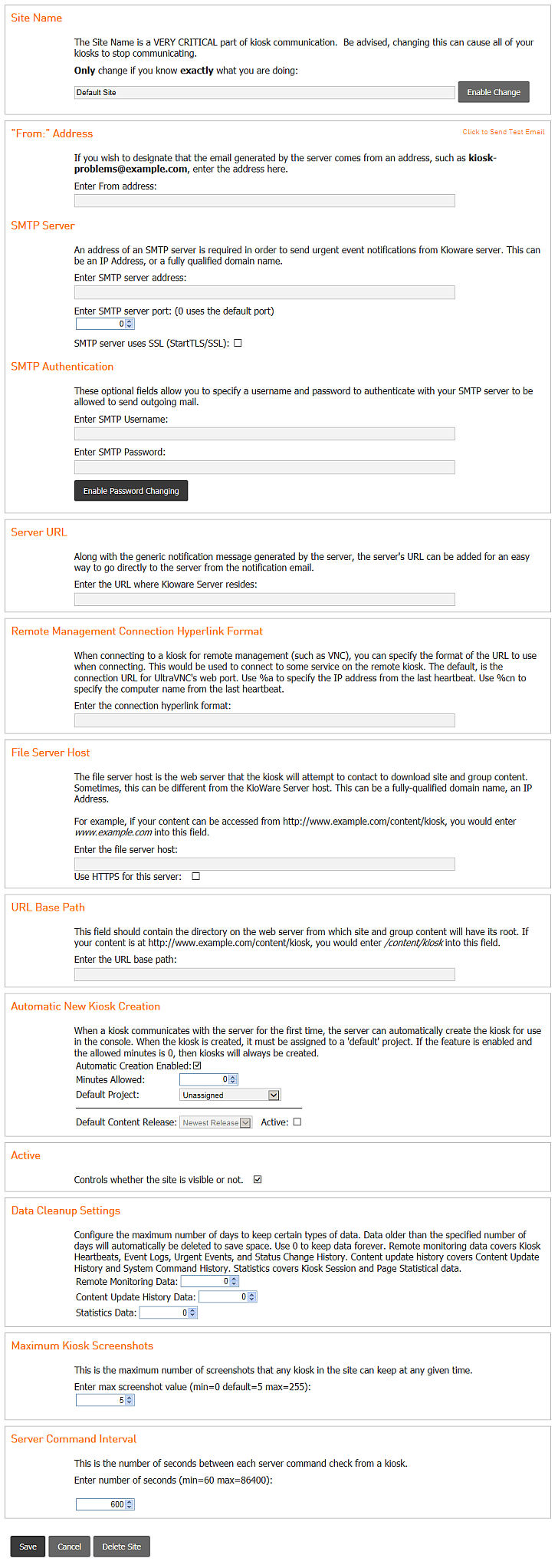 Site Management, Site Management Tab, Site Settings