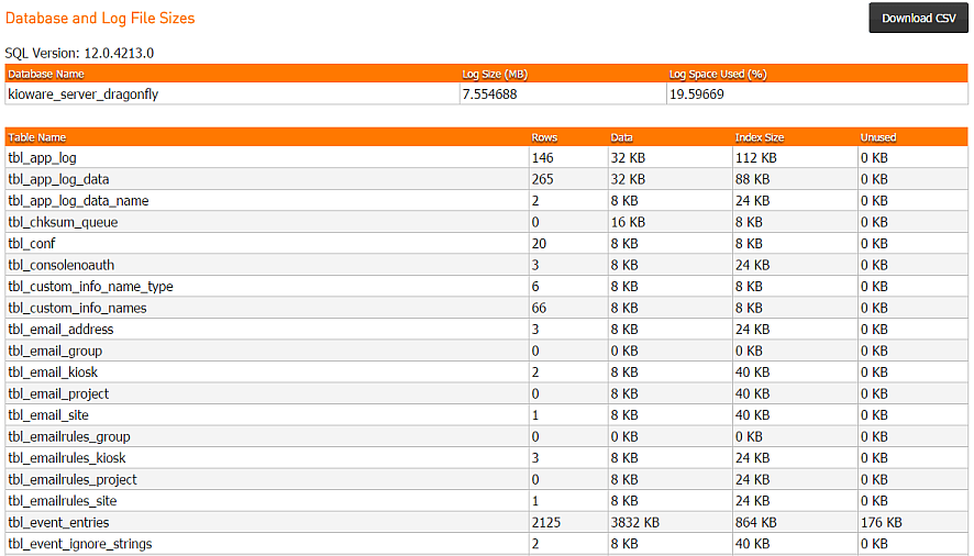 Server Management, Reports Tab, Database Information Report